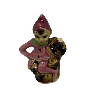 Vintage Pink Pixie Elf Salt Shaker Japan On Brown Tree Trunk Ceramic 1950’s